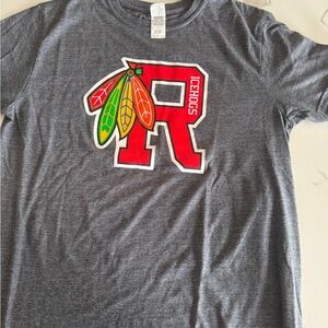Icehogs Gray Short Sleeve Tee with Red 'R' and Multicolor Feather graphic